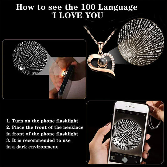 Fodermarlk "I Love You" Necklace with 100 Languages Projection – Timeless Token of Love